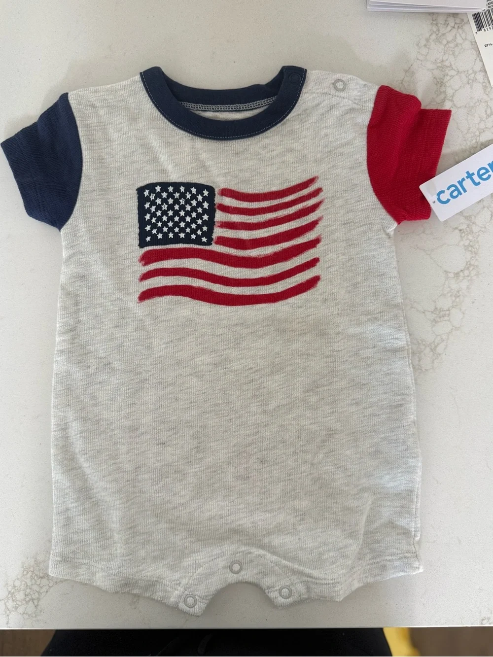 Carter's Short Sleeve Romper in Heather Gray, Navy & Red with Flag Print